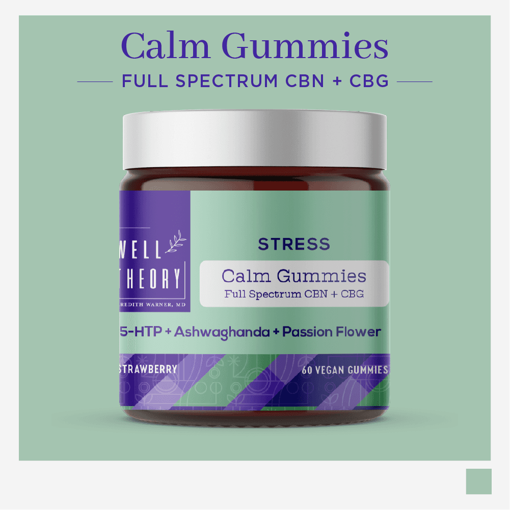 A jar labeled "Calm Gummies" for stress relief, featuring surgeon-formulated CBN, CBG, 5-HTP, and ashwagandha.
