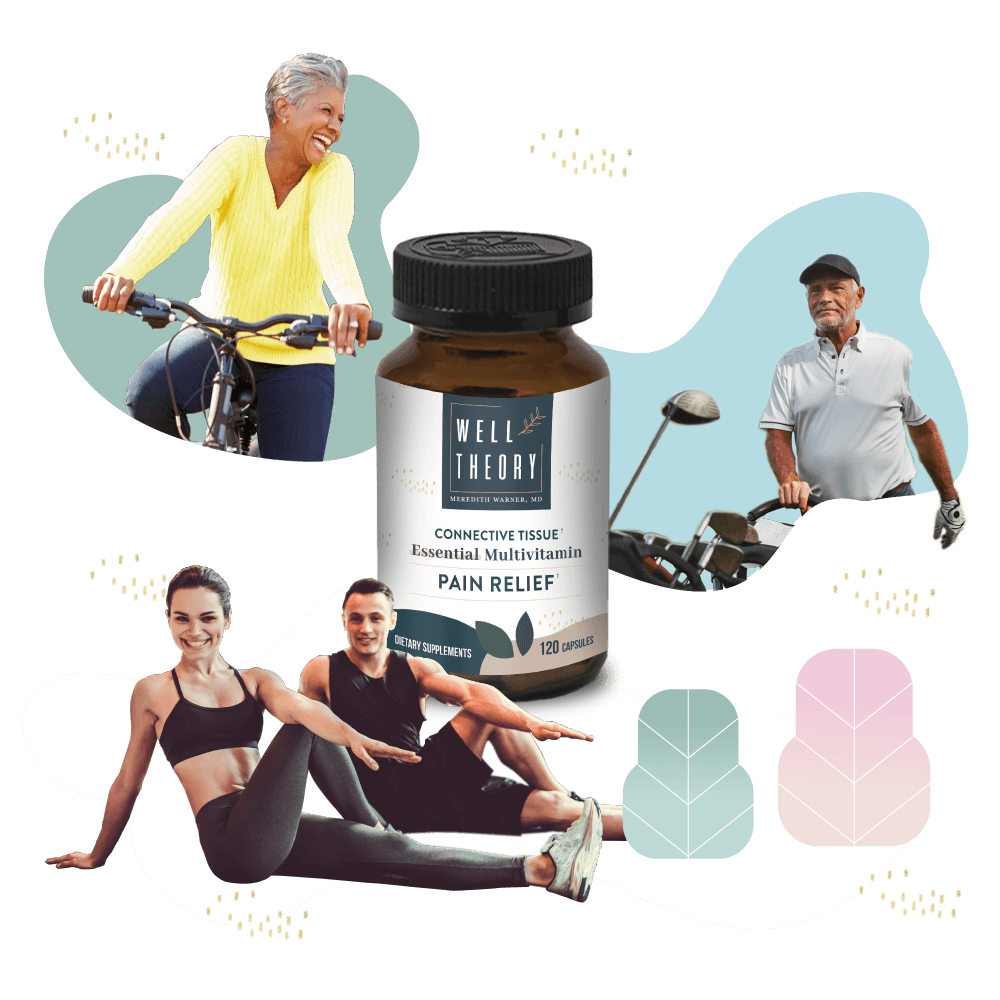 A bottle of surgeon-formulated supplements sits among photos of active adults biking, golfing, and stretching.