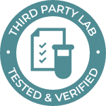 Circular badge with document and test tube icons. Text: Third Party Lab Tested & Verified for natural supplements.