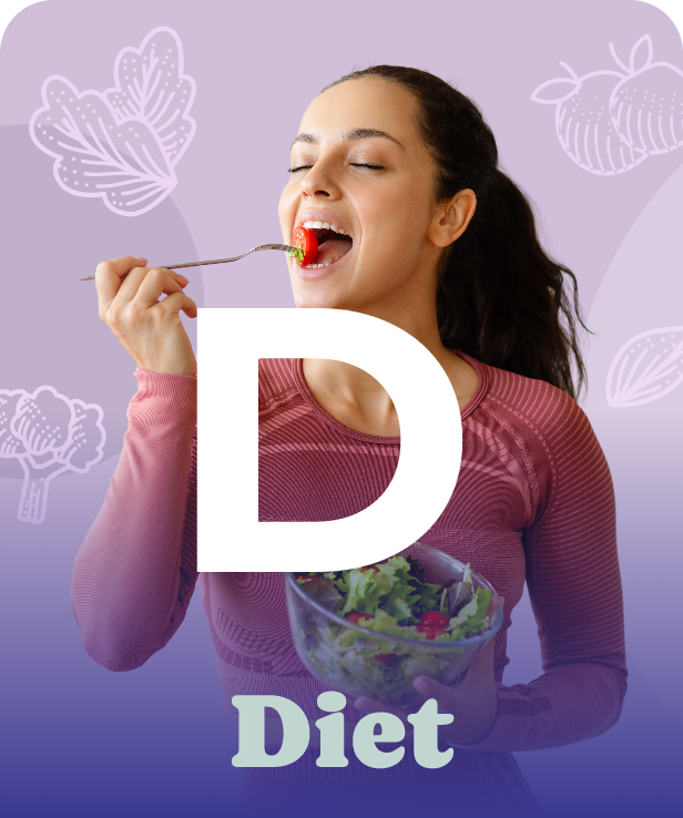 Woman in a pink top eats salad, “Diet” and a large "D" over image, suggesting healthy living with supplements.