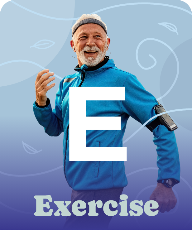 An older man in a blue jacket and beanie smiles while exercising outdoors, reflecting active senior wellness.