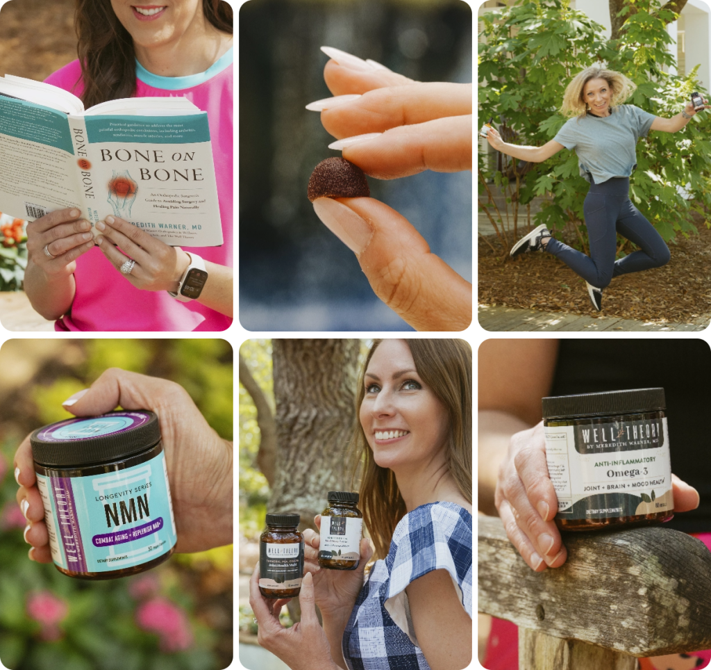 Collage of women reading, exercising, taking supplements; includes a gummy close-up and jars of wellness products.