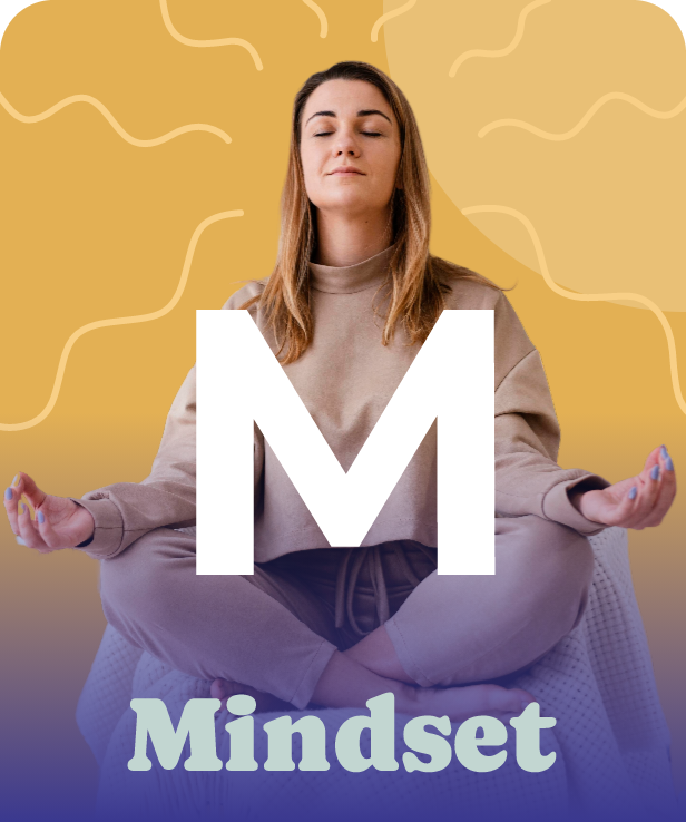 A woman sits cross-legged meditating, eyes closed. "Mindset" and a large "M" overlay promote natural supplements.