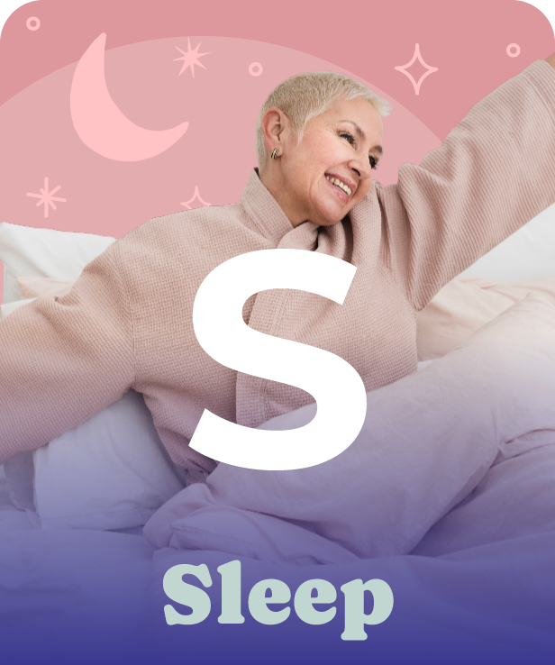 A smiling person with short blonde hair stretches in bed as "S" and "Sleep" reference natural sleep supplements.