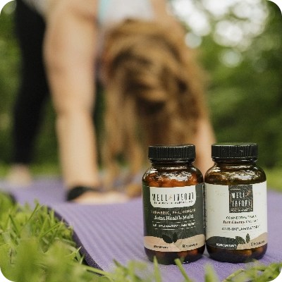 Surgeon-formulated supplements on a purple yoga mat outdoors, person in background doing a yoga pose.