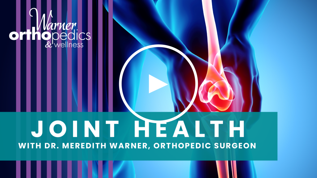A graphic shows a person holding their knee in pain, promoting a joint health talk by Dr. Meredith Warner.