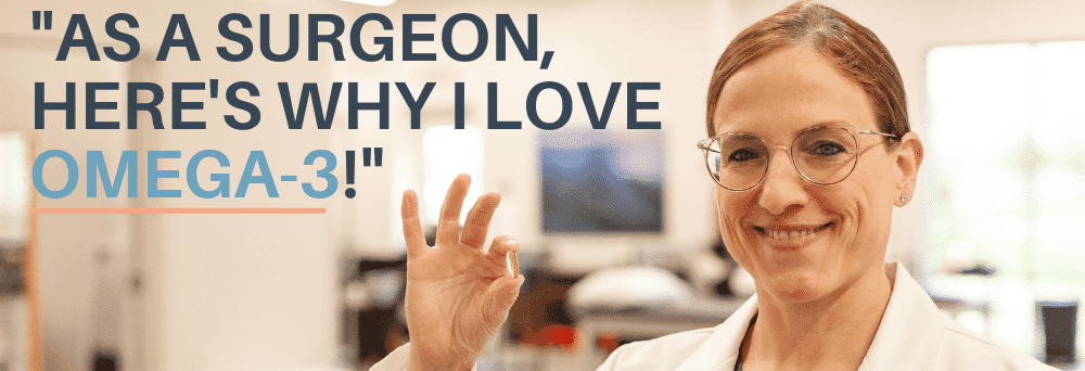 Woman in a white coat and glasses holds up a capsule. Text: "As a surgeon, here’s why I love surgeon-formulated supplements!.