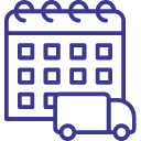 Blue outline icon of a calendar and delivery truck, symbolizing scheduled delivery or shipping date.