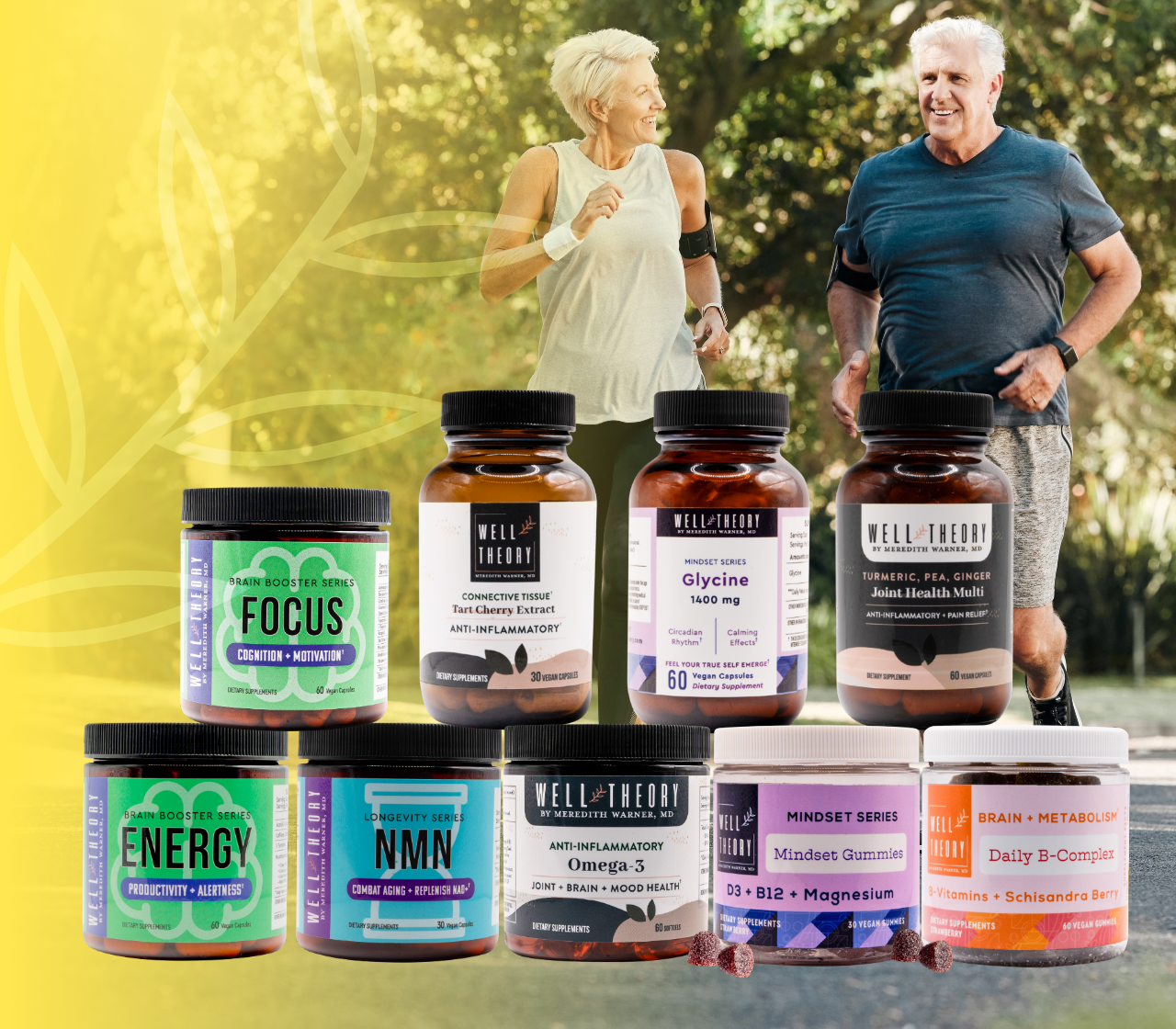 A woman and man jog outside behind nine Well Theory supplements on a yellow leafy background.