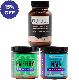 Three Well Theory supplements with a “15% OFF” label in the top left corner.