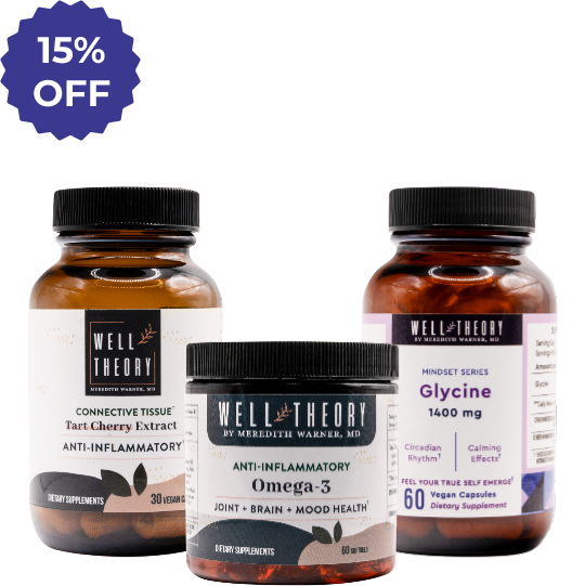 Three Well Theory supplements are shown with a 15% off badge in the top left corner.