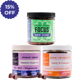Three natural supplements—Focus, Mindset Gummy, Daily B-Complex—with a "15% Off" badge in the top left corner.