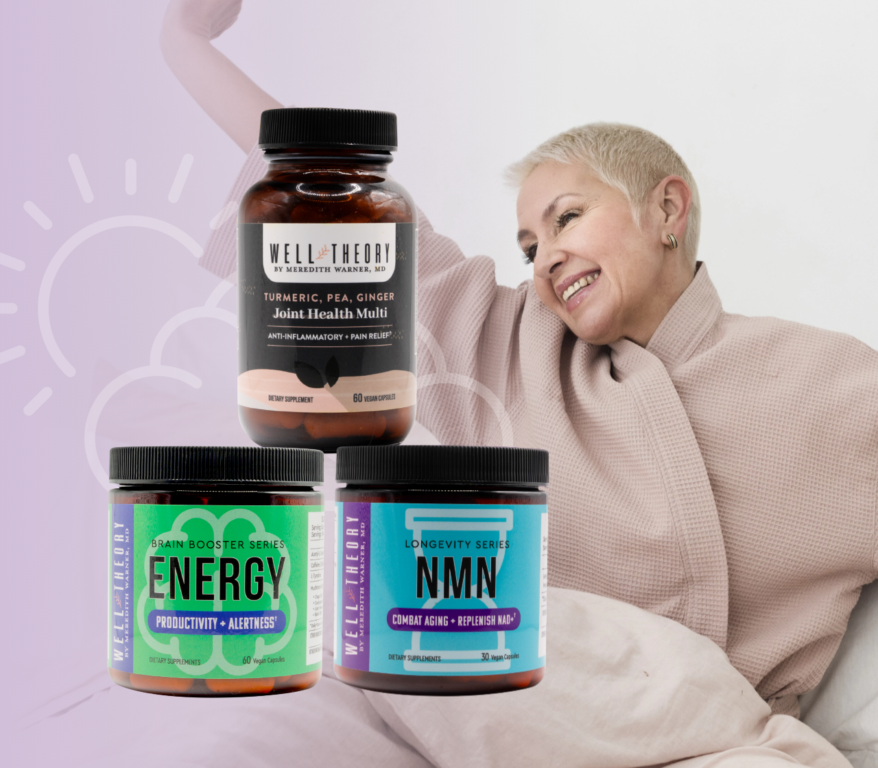 A smiling woman stretches beside supplements labeled Energy, NMN, and Joint Health Multi on a pastel background.