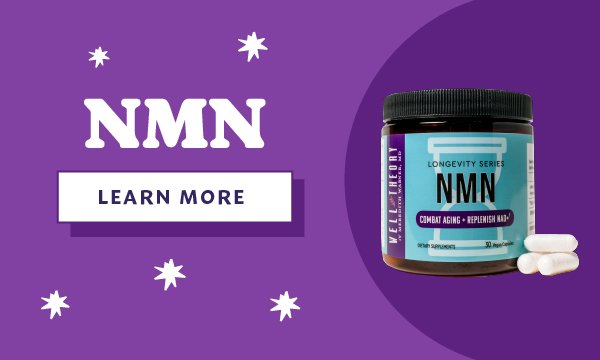 A jar labeled "NMN Longevity Series" and capsules sit on a purple background, promoting surgeon-formulated supplements.