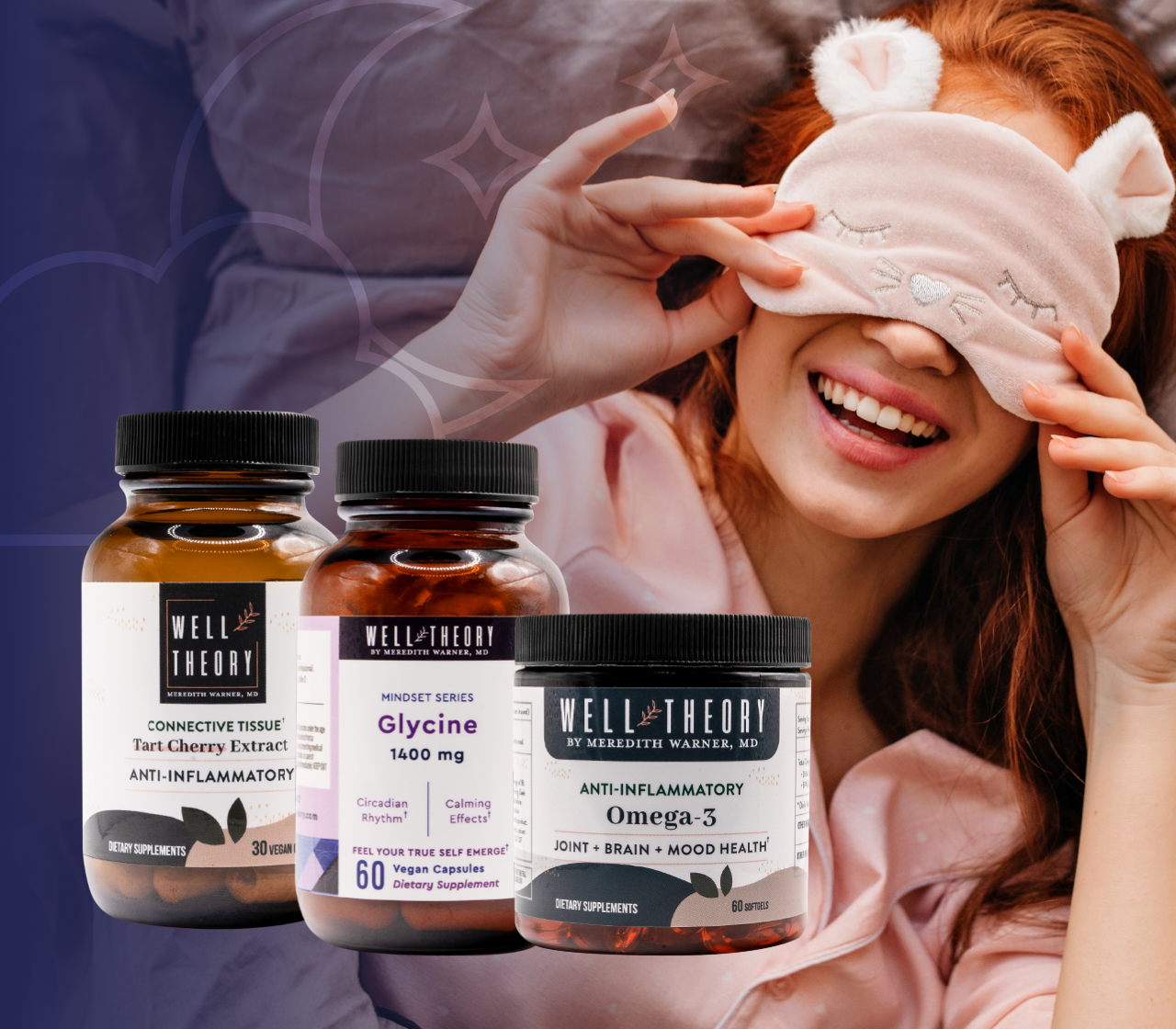 A smiling woman in a cat sleep mask sits before three Well Theory supplements on a patterned background.