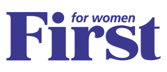 Blue text logo reads “First for women.” “For women” is smaller above the “i” and “r.” White background.