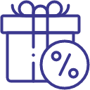 Blue outline of a gift box with a bow and percentage symbol, representing supplement deals, on a white background.