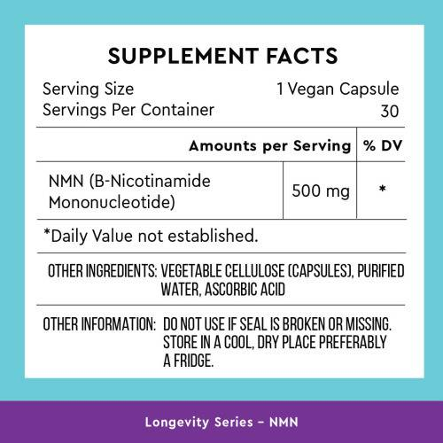 Supplement facts for surgeon-formulated NMN capsules, 500mg per serving, with ingredients and storage details.