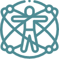 Outline of a person encircled by atom-like orbits, representing science, technology, and supplements.