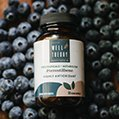 A bottle of surgeon-formulated supplements sits among a scattered pile of fresh blueberries.