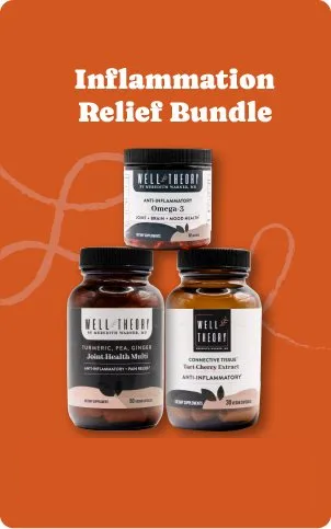 Three Well Theory supplements for inflammation relief shown on an orange background with "Inflammation Relief Bundle.