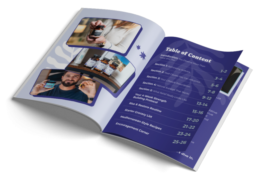 Open booklet with people holding supplement jars, table of contents, and surgeon-formulated supplements on a blue-purple background.