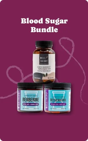 Three supplements labeled "Well Theory," "Berberine," and "Resveratrol" under the text "Blood Sugar Bundle.