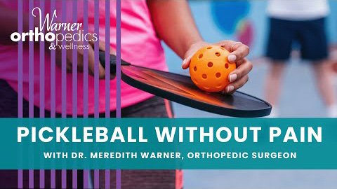 Person holding pickleball paddle and ball, with text: "Pickleball Without Pain—try natural pain relief supplements.