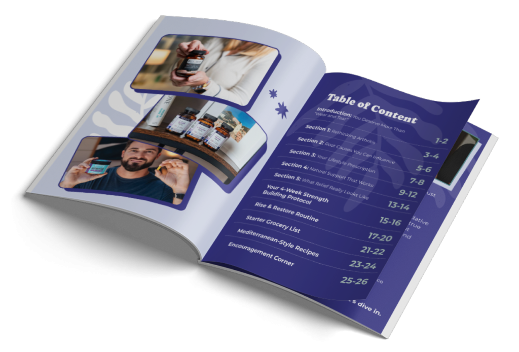 Open magazine showing people with natural supplements and a contents page listing sections and numbers.