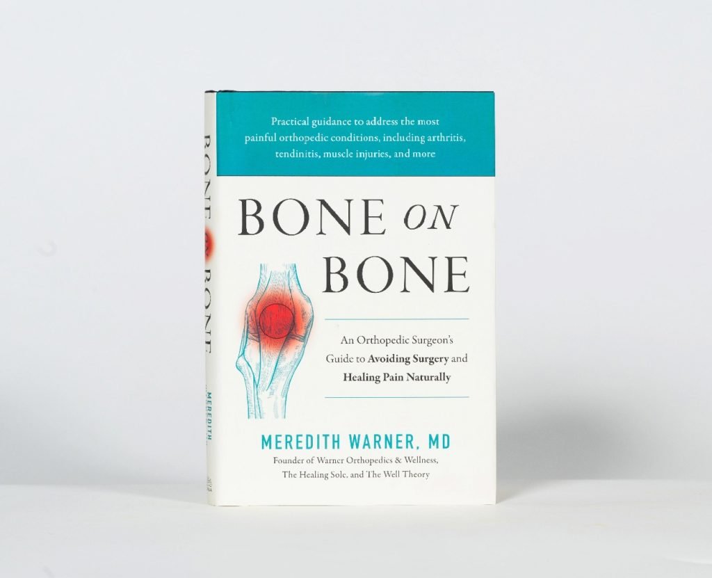 Cover of "Bone on Bone" by Meredith Warner, MD, featuring knee joint art and supplements for joint health.