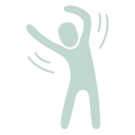 A light blue abstract figure with raised, bent arms is ringed by curved lines that suggest flowing motion.