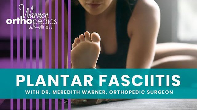 A person stretches their foot on a mat. Text: "PLANTAR FASCIITIS and surgeon-formulated supplements with Dr. Meredith Warner.