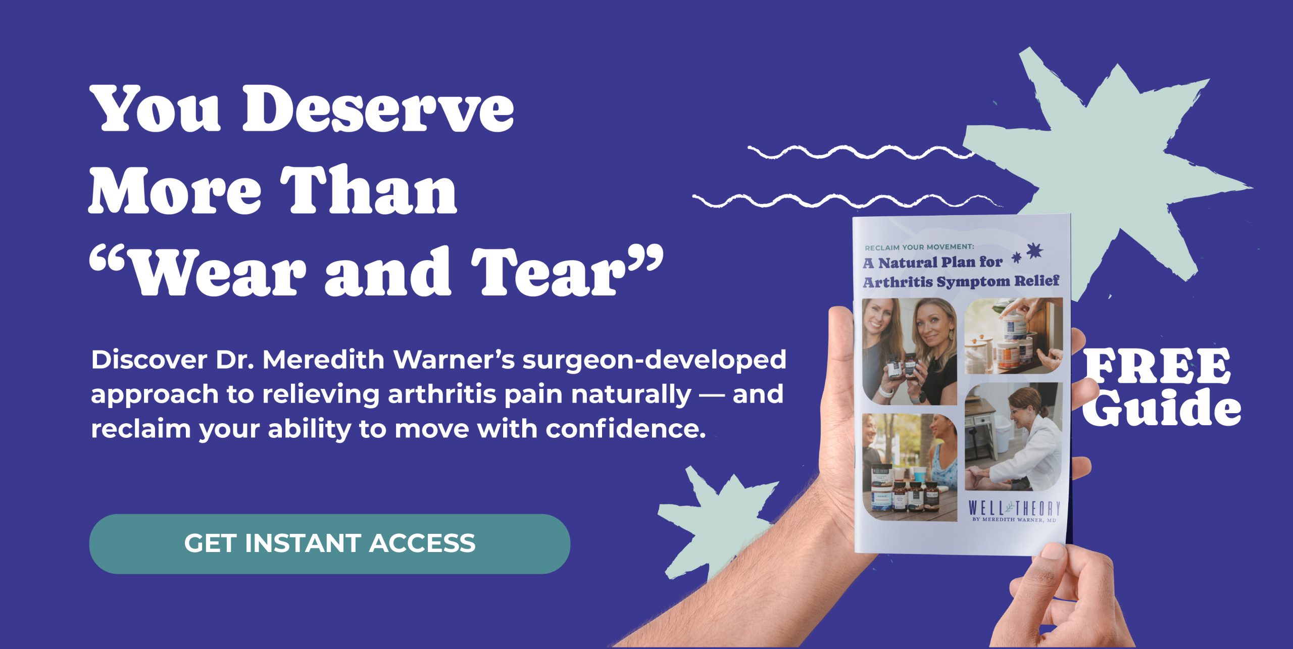 Person holds pamphlet "A Natural Plan for Arthritis Symptom Relief" beside text about surgeon-formulated supplements.