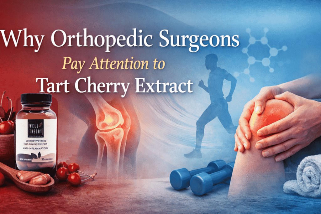Tart cherry extract bottle, dumbbells, cherries, and a note on surgeons recommending natural knee pain relief.