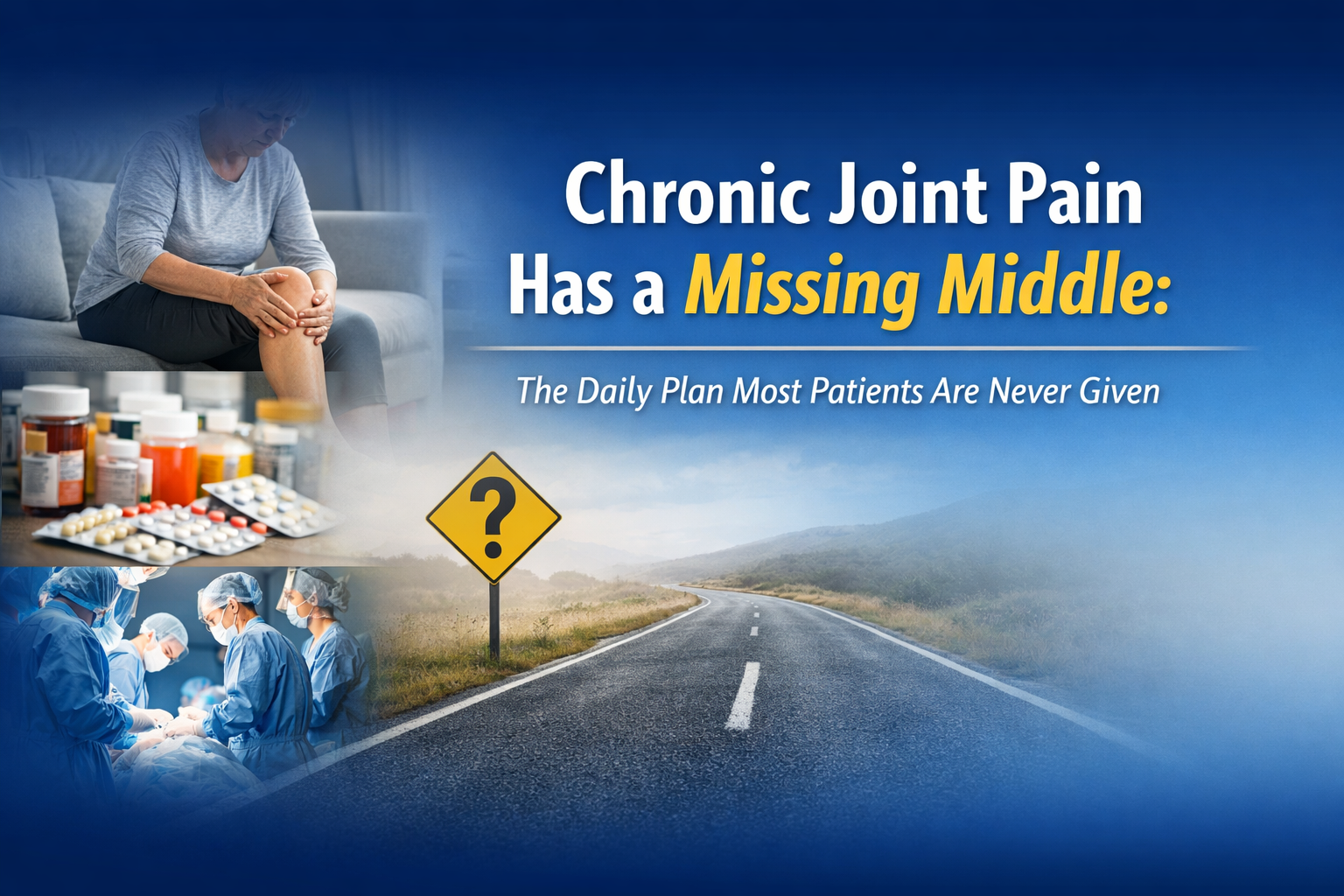 Illustration showing a patient with knee pain alongside medication, surgery, and an open road representing the missing middle in chronic joint pain care.
