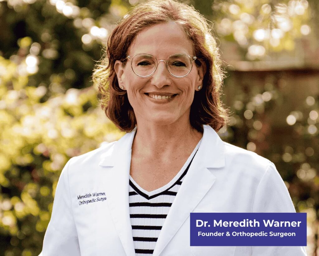 Dr. Meredith Warner, in glasses and a white lab coat, smiles outdoors. Label: Founder, Orthopedic Surgeon, Well Theory.