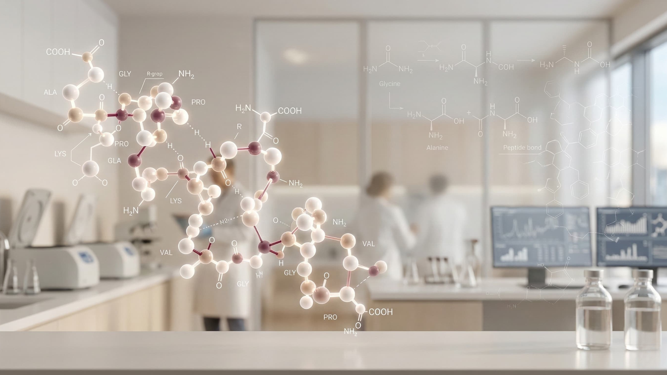 Scientists in a lab study osteoporosis, with lab equipment, monitors, and a molecular diagram overlay.