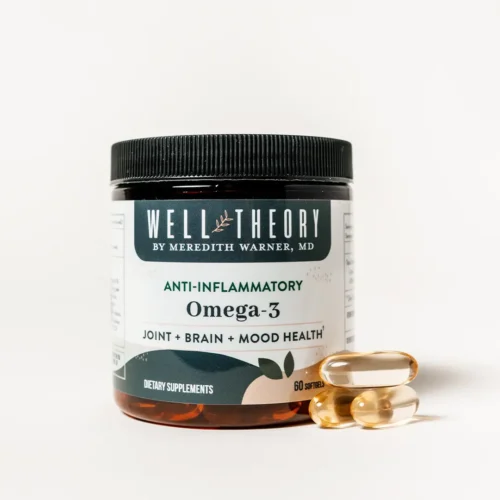A Well Theory Omega-3 bottle with three softgel capsules beside it, suggesting inflammation support.