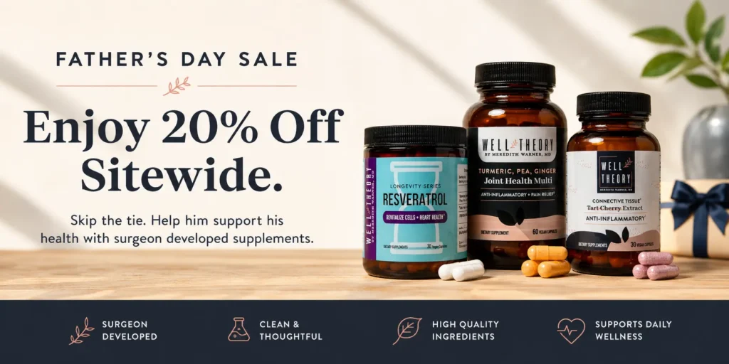 Three supplement bottles and pills on a table with The Well Theory banner offering 20% off for Father's Day.