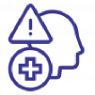 Blue outline of a head with a warning triangle and medical cross on a light background, symbolizing health needs.