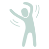 A light blue abstract figure with raised, bent arms is ringed by curved lines that suggest flowing motion.